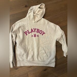 PLAYBOY womans Hoodie in Cream with Purple Logo